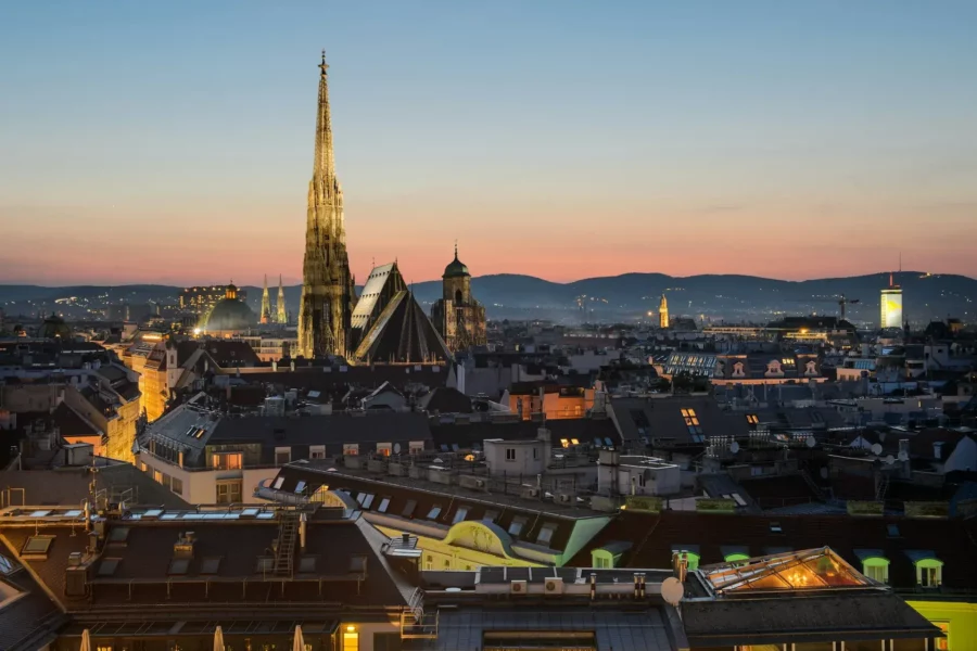 Cathédrale Saint-Étienne et les toits de Vienne de nuit