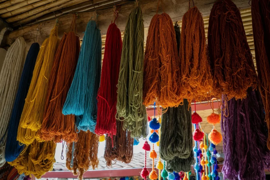 Fils de laine tissage à Chinchero, Pérou