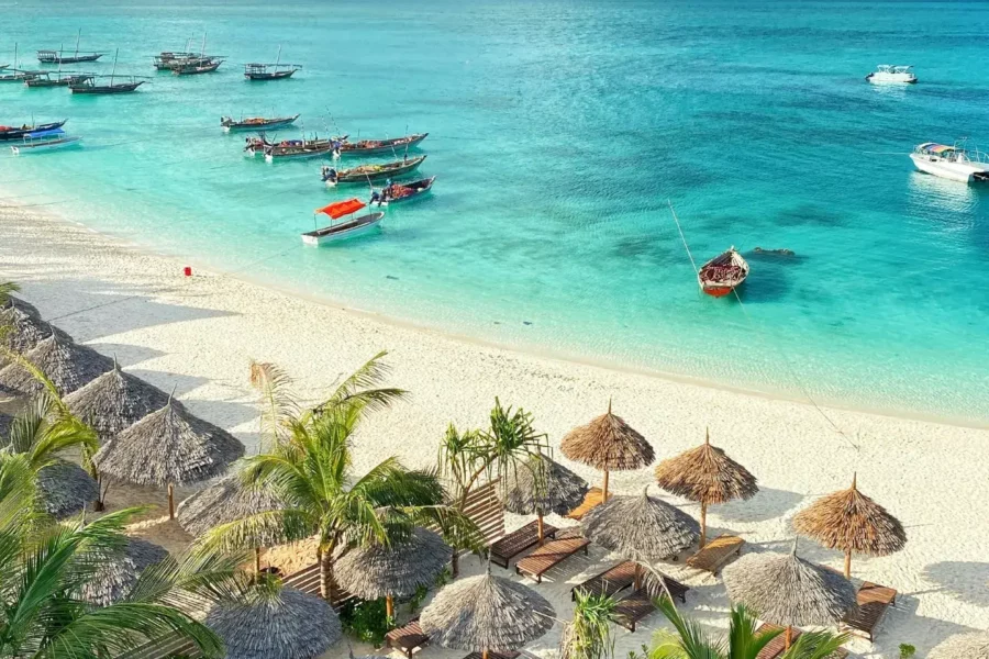 Plage de sable blanc et eau turquoise à Zanzibar